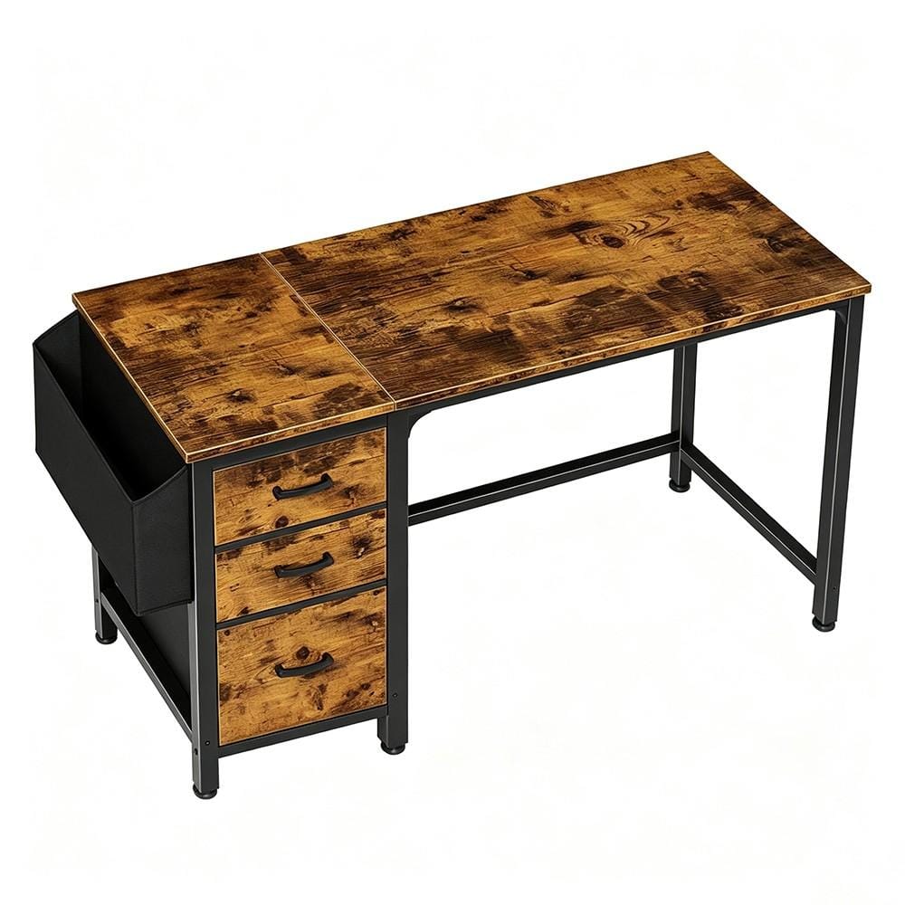 55 in. W Rustic Brown Metal Gaming Computer Desk with File Drawers Cabinet