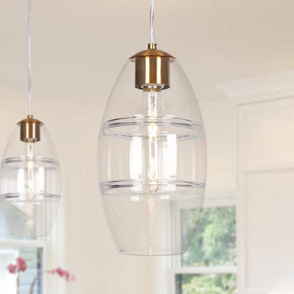 LNC Modern Farmhouse 1-Light Brass Drum Pendant Light with Clear Glass Shade for Foyer Kitchen Lantern, LED Compatible