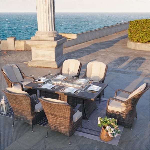 moda furnishings Sigmund Brown 7-Piece Wicker Patio Fire Pit Conversation Sofa Set with Beige Cushions
