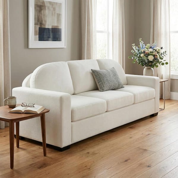 Jorvella Modern 84.7 in. Square Arms Chenille Upholstered Rectangle 3-Seater Sofa in Beige with Curved Backrest