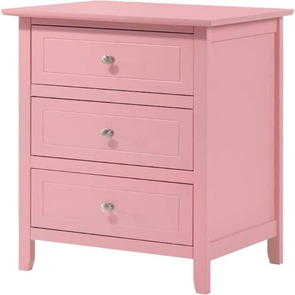 Pink Finish, 3 Drawers Nightstand