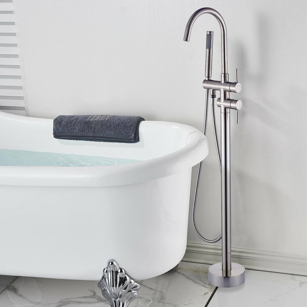 Brushed Nickel Freestanding Floor Mount Tub Filler Faucet with Handheld Shower