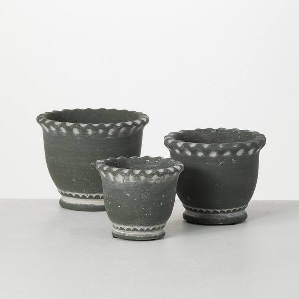 Cement 12"x 7" Round Scalloped Antiqued Gray & White Centerpiece Bowl Concrete 