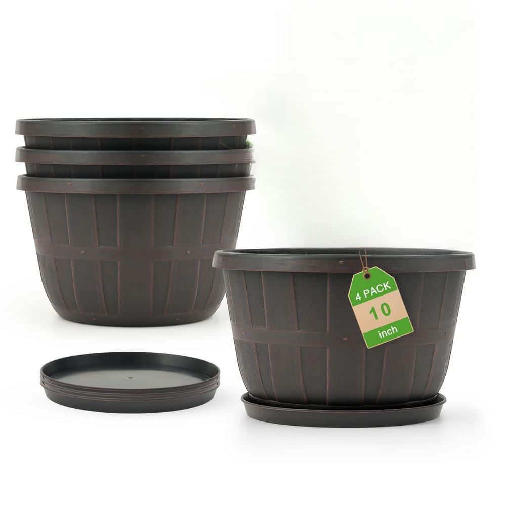 Plastic Flower Pots for Planter (10 in. W x 6.1 in. H), 4-Pack Large Planters with Drainage Holes and Trays, Brown price history on PriceWatchPro