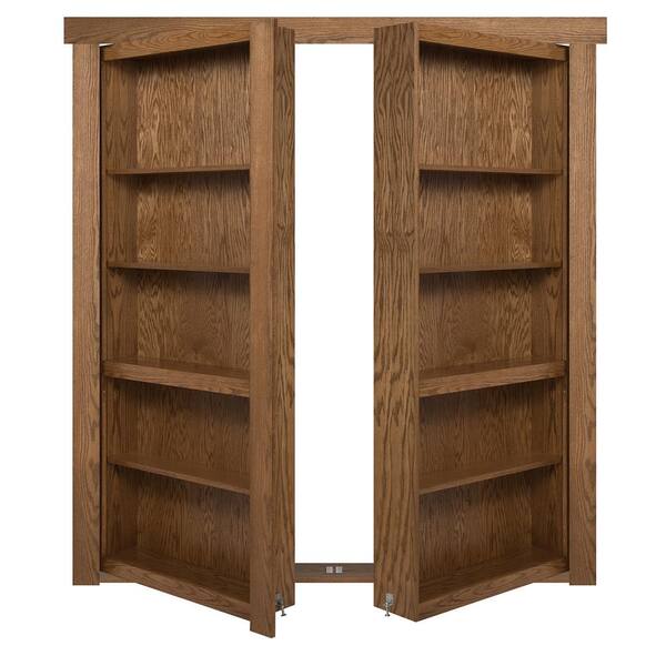 The Murphy Door 60 in. x 80 in. Flush Mount Assembled Oak Medium Brown Stained Universal Solid Core Interior French Bookcase Door