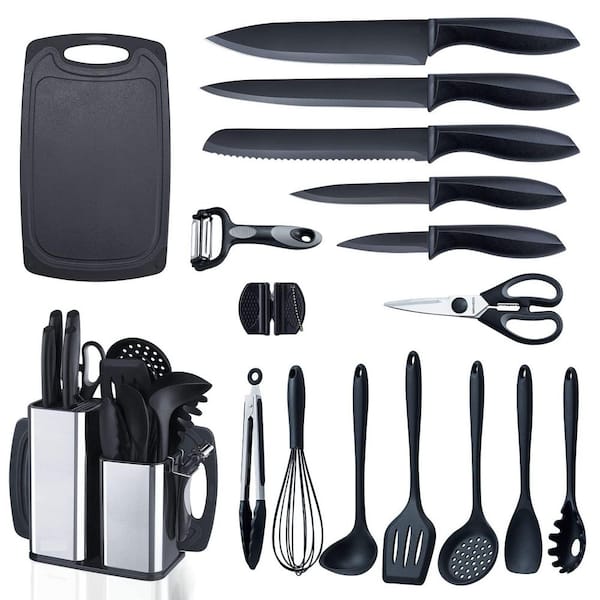 18-Piece Black Kitchen Utensils Set, Cooking Tools and Sharp Knives,Stainless Steel Holder and Cutting Board