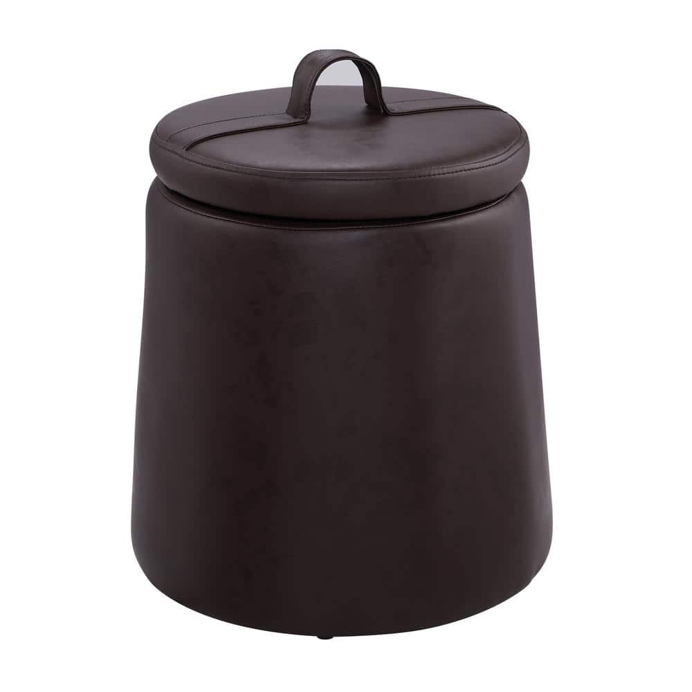 Bianca Brown Faux Leather Round Storage 16 in. H Ottoman