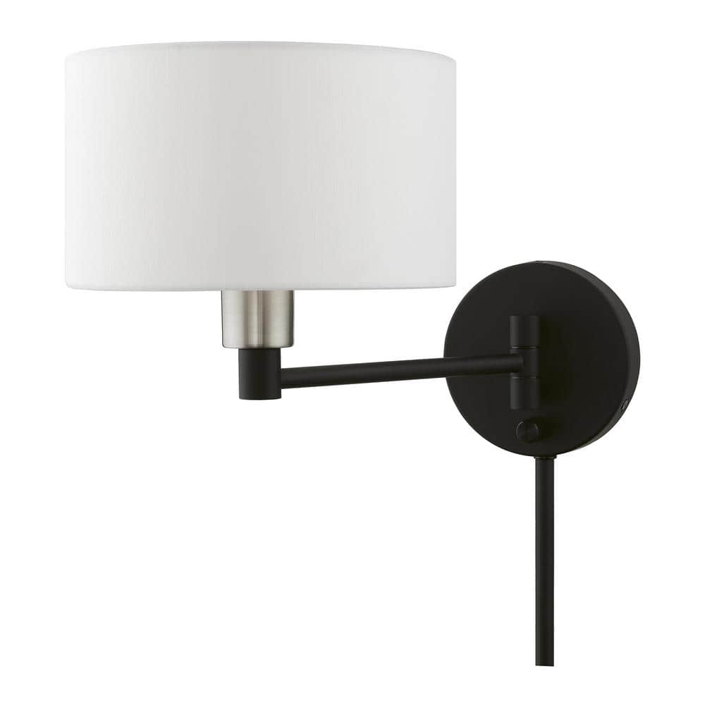 Black and Brushed Nickel Swing Arm Wall Lamp with Off-White Shade