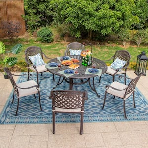 Brown 7-Piece Cast Aluminum Patio Outdoor Dining Set with Round Table and Arm Chairs with Beige Cushion