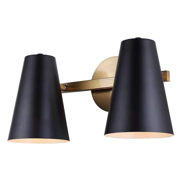 CANARM Harken 7.75 in. 2-Light Matte Black and Gold Vanity with Black Metal Shade