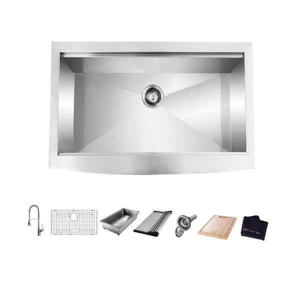 Glacier Bay Zero Radius 30 in. Apron-Front Single Bowl 18 Gauge Stainless Steel Workstation Kitchen Sink with Spring Neck Faucet