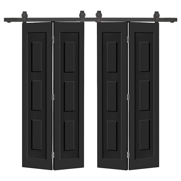 56 in. x 84 in. 3 Panel Shaker Hollow Core Black Composite Double Bi-fold Door with Barn Door Hardware Kit