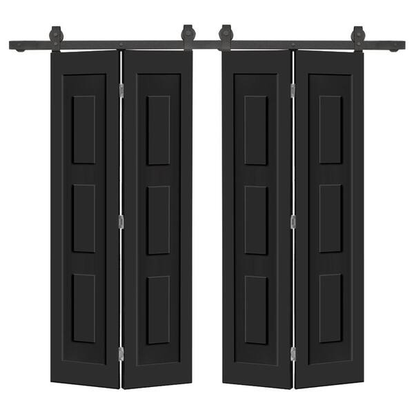 CALHOME 68 in. x 80 in. 3 Panel Shaker Hollow Core Black Composite Double Bi-fold Door with Barn Door Hardware Kit