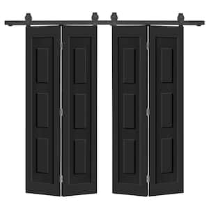 72 in. x 80 in. 3-Panel Shaker Hollow Core Black Composite Double Bi-Fold Door with Barn Door Hardware Kit