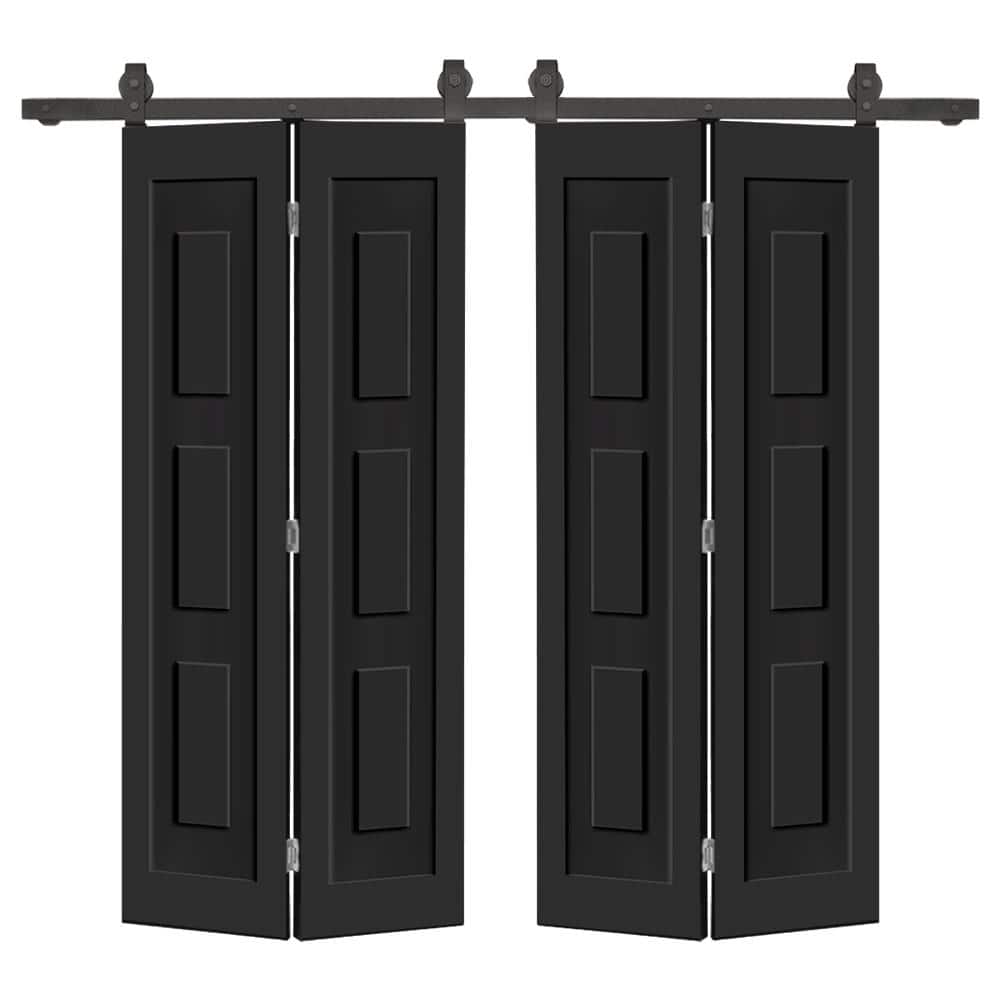 68 in. x 84 in. 3 Panel Shaker Hollow Core Black Composite Double Bi-fold Door with Barn Door Hardware Kit price history on PriceWatchPro