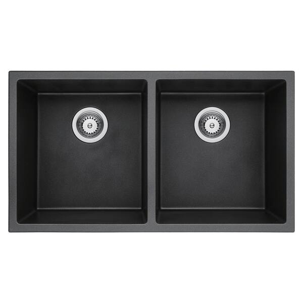 Maincraft Matte Black Quartz 32.9 in. Double Bowl Undermount Kitchen Sink with Strainer