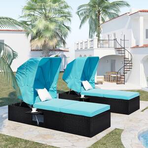 2-Piece Long Single Wicker Outdoor Chaise Lounge with Canopy and Cup Table and Blue Cushion