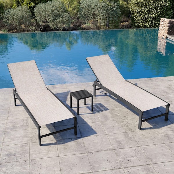 Crestlive Products 3-Piece Beige Metal Stackable Outdoor Leisure Chaise Lounge with Square Side Table