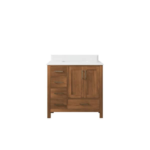 Willow Collections Malibu Teak 36 in. W x 22 in. D x 36 in. H Single Sink Bath Vanity Center in Gold Teak with 1.5" White Quartz Top