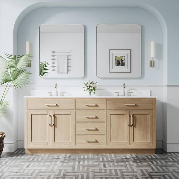 NORA 80 in. Freestanding OAK Solid Wood Bath Vanity with Pure White Cultured Marble Top, Soft-Close, Assembled