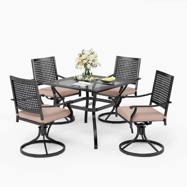 PHI VILLA 5-Piece Metal Patio Outdoor Dining Set with Mesh Tabletop and Bull's Eye Pattern Swivel Chairs with Beige Cushions