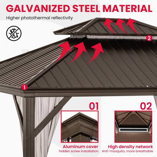 PamaPic 10 ft. x 12 ft. Brown Metal Hardtop Gazebo with