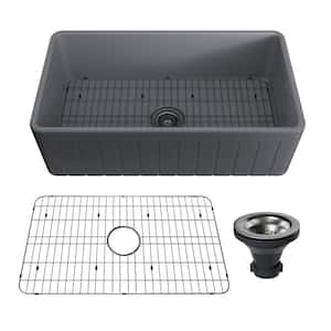 33 in.L Gray Fireclay Single Bowl Farmhouse Apron-Front Kitchen Sink with Bottom Grid and Strainer Drain