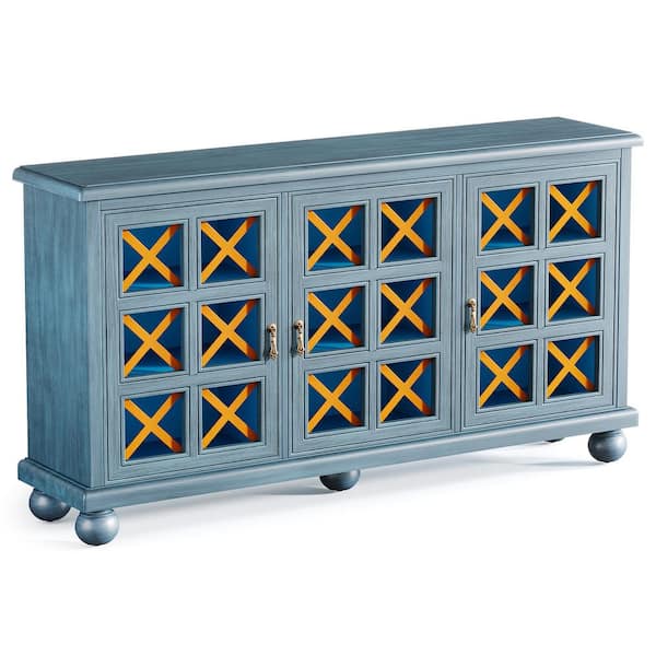 BYBLIGHT Blue Engineered Wood 55 in. Sideboard Buffet Cabinet with Storage, 3-Doors Tall Accent Cabinet with Solid Legs