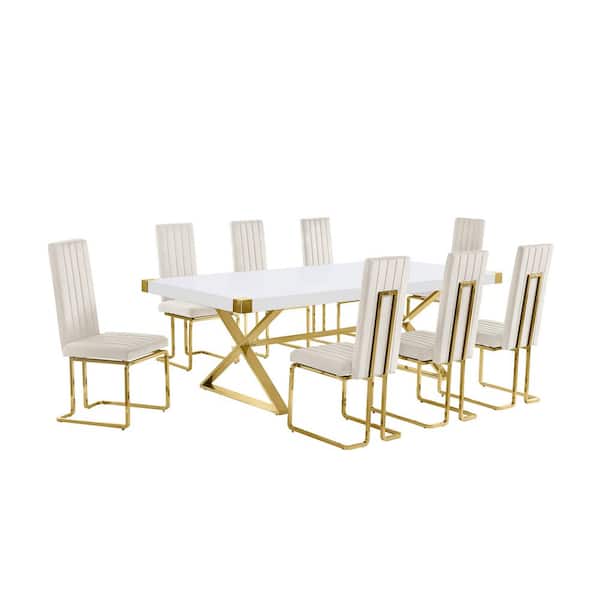 Miguel 9-Piece Rectangle White Wood Top Gold Stainless Steel Dining Set with 8 Cream Velvet Chairs