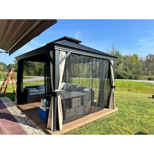 10 ft. x 12 ft. Gray Aluminum Hardtop Gazebo Canopy for Patio Deck Backyard Heavy-Duty with Netting and Beige Curtains