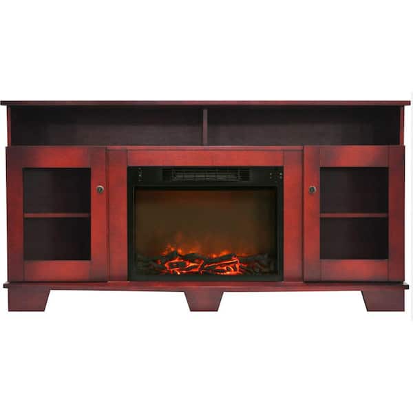 Hanover Glenwood 59 in. Electric Fireplace in Cherry with Entertainment Stand and Charred Log Display