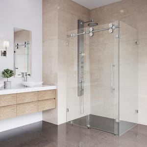 Winslow 34 in. L x 46 in. W x 74 in. H Frameless Sliding Rectangle Shower Enclosure in Stainless Steel with Clear Glass