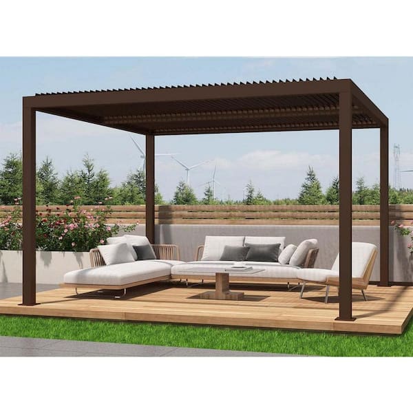 PURPLE LEAF 11 ft. x 13 ft. Bronze Aluminum Outdoor Louvered Pergola with Adjustable Canopy Retractable Hardtop Gazebo Sun Shade