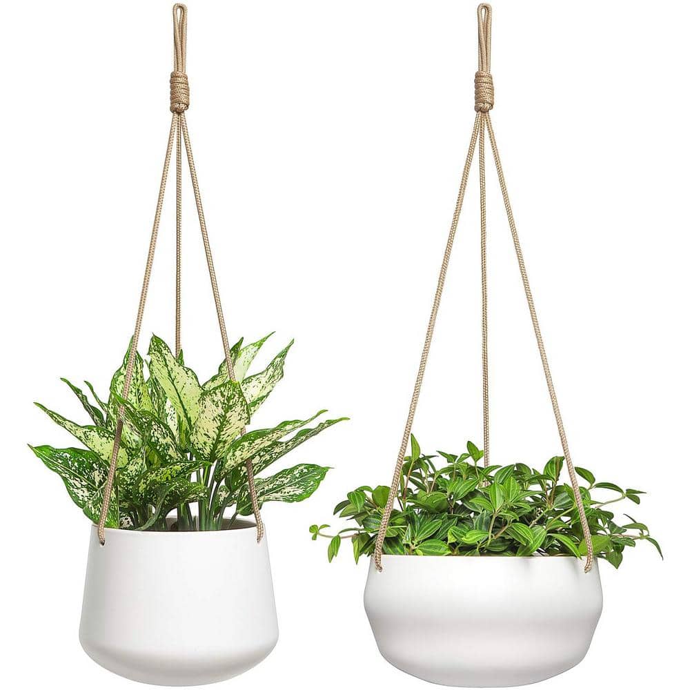 White Ceramic Indoor/Outdoor Hanging Planter with Polyester Rope Hanger (2-