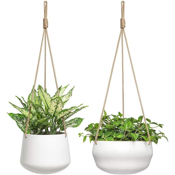 Unbranded White Ceramic Indoor/Outdoor Hanging Planter with Polyester Rope Hanger (2-Pack)