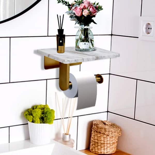 7.87 in. x 4.72 in. Wall-Mount Toilet Paper Holder in Brushed Gold, Toilet Paper Holder with Natural Marble Shelf