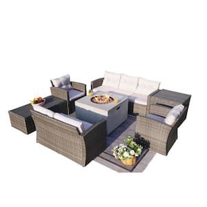 Vivian 7-Pieces Rock and Fiberglass Fire Pit Table with Conversation Sofa Set with Gray Cushions