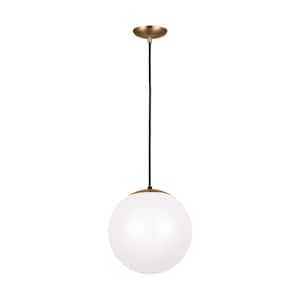 Leo Hanging Globe 12 in. 1-Light Satin Brass Pendant with Smooth White Glass with LED Bulb