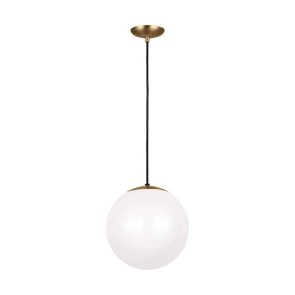 Generation Lighting Leo Hanging Globe 12 in. 1-Light Satin Brass Pendant with Smooth White Glass with LED Bulb