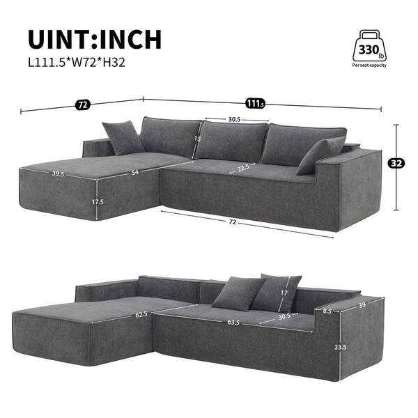 Polibi 111.5 in. Square Arm Chenille L-Shaped Sofa with Wrinkle