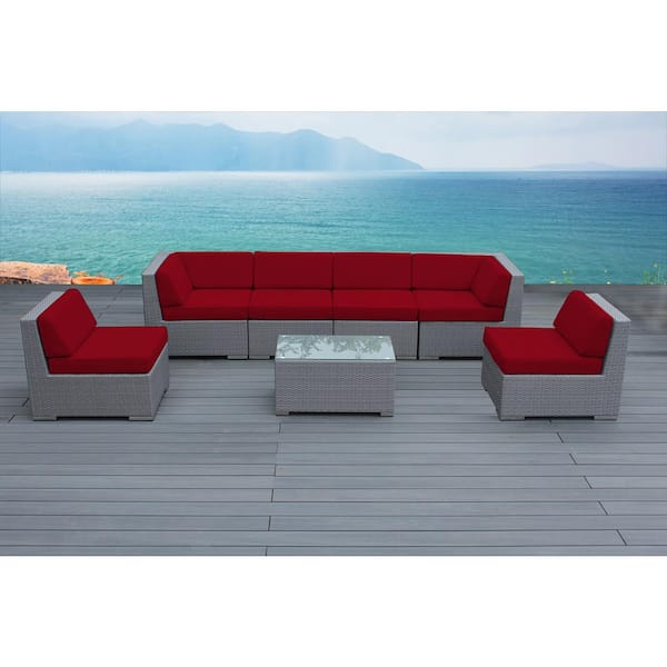 Ohana Depot Ohana Gray 7-Piece Wicker Patio Seating Set with Supercrylic Red Cushions