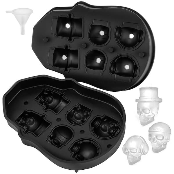 Numhew 6-Grid Black Silicone Skull Ice Cube Tray with Lid and Funnel for Parties and Holidays