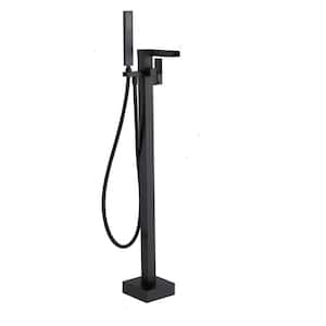 Waterfall Spout Single-Handle Floor Mount Freestanding Tub Faucet with Handheld Shower in Matte Black