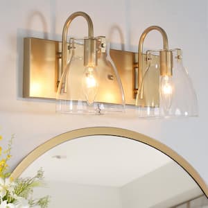 Modern 2-Light Gold Bathroom Vanity Light with Bell Clear Glass Shades Classic Mirror Brass Wall Sconce