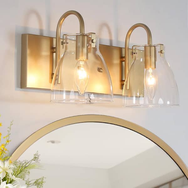 LNC Modern 2-Light Gold Bathroom Vanity Light with Bell Clear Glass Shades Classic Mirror Brass Wall Sconce