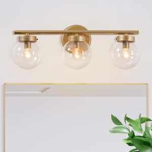 Modern Gold Bathroom Vanity Light, 3-Light Farmhouse Powder Room Globe Vanity Wall Light with Clear Glass Globe Shades