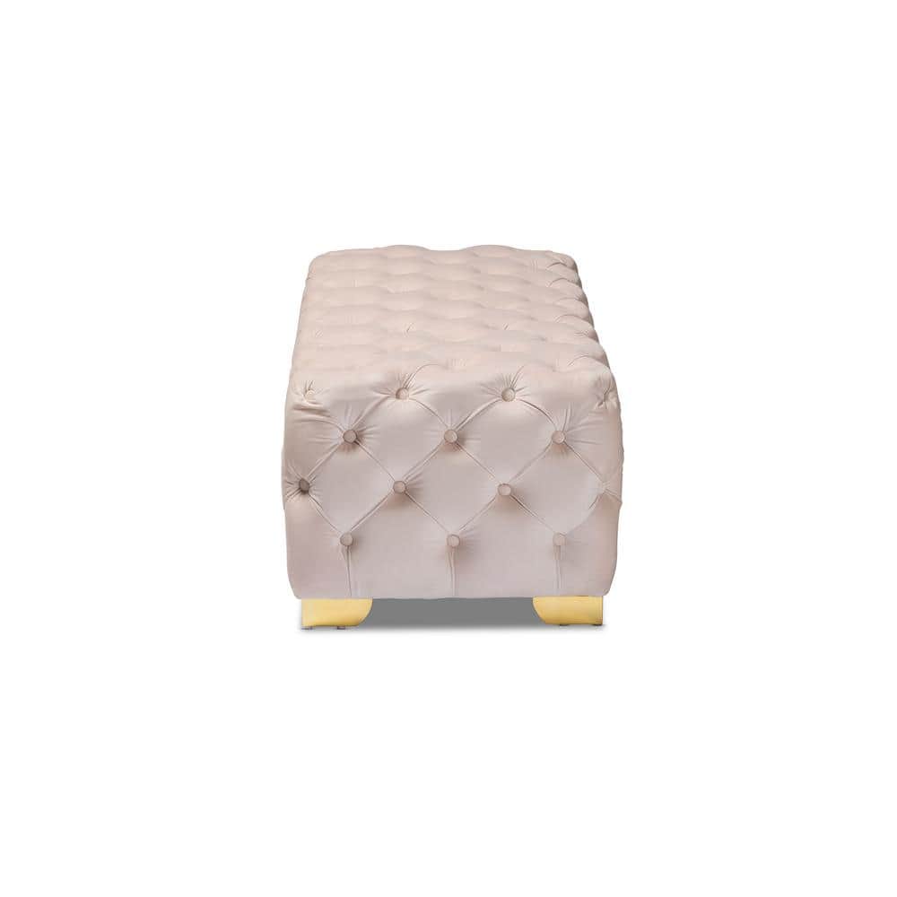 Luxurious Beige Velvet 48" Square Tufted Gold-Legged Ottoman