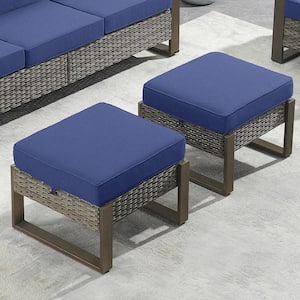 MetalWood Metal and Gray Wicker Outdoor Ottoman with Olefin Navy Blue Cushion (2-Pack)