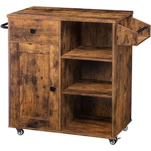 Rustic Brown Wood Kitchen Cart with Spice and Towel Rack