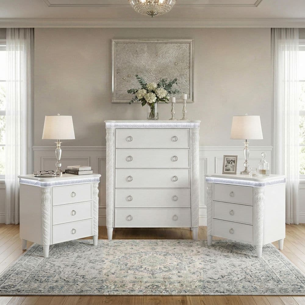 Reggy Glam 3-Piece Pearl White 3-Drawer Set of 2 Nightstands and Chest with LED Lighting price history on PriceWatchPro